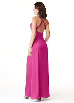 Azazie Geanna Vestidos de damas de honor Vestido de Fucsia de Satén Elástico de Corte Recto con Cuello en V Plisado image4