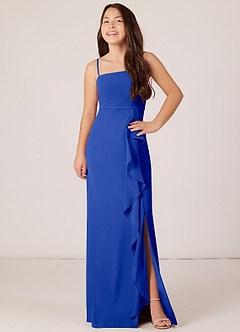 Azazie Kaylee Junior Royal Blue A-Line with Belt Chiffon Dress image4