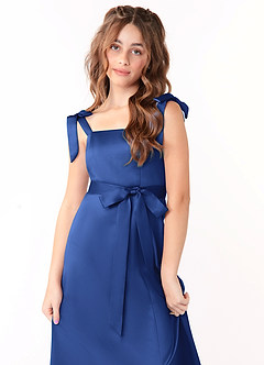 Azazie Barbara Junior A라인 절하다 스트레치 새틴 플로어 길이 주니어 신부 들러리 드레스 image5