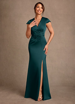 Azazie Rilda 신부의 어머니 드레스 쉬스 레이스 스트레치 새틴 플로어 길이 드레스 image4