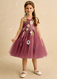 Azazie Osea Flower Girl Dresses Merlot Ball-Gown Pleated Tulle Dress image3