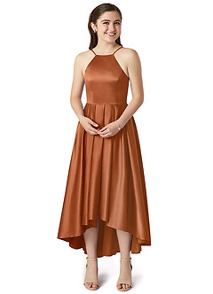 Azazie Jemima Junior Copper A-Line with Pockets Stretch Satin Dress image4