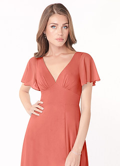 Azazie Kimber Robes de demoiselle d'honneur Robe Trapèze en Mousseline de soie Manches à volants Rose Saumon image6
