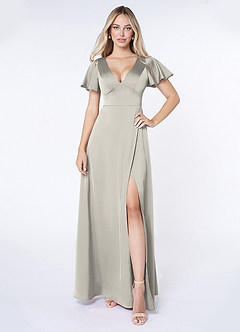 Azazie Lani Robes de demoiselle d'honneur Robe Trapèze en Satin extensible Manche à volants Galet image1