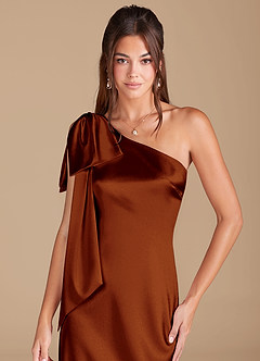 Azazie Capri Brudtärnklänningar Klänning av Tubklänning i Metallisk satin En axel Kastanjebrunt image5