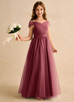 Azazie Yuna Girls Formal Blumenmädchenkleider A-Linie Schulterfrei Tüll Kleid Merlot image1