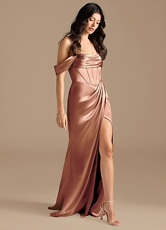 Azazie Lynden Bridesmaid Dresses Bronzer Sheath Off the Shoulder Metallic Satin Convertible Dress image4
