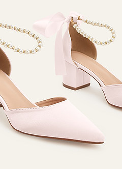 front Matching Color Matte Satin Pearl and Bow Pointed Toe Block Heels