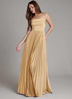 Azazie Mariana Bridesmaid Dresses Gold A-Line Pleated Stretch Satin Dress image1