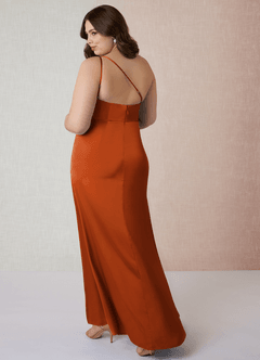 Azazie Mika Vestidos de damas de honor Vestido de Naranja Quemada de Satén Elástico de Corte Recto con Hombro unilateral image11