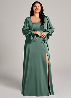 Azazie Leonia Robes de demoiselle d'honneur Robe Trapèze en Satin extensible Manche longue Eucalyptus image12