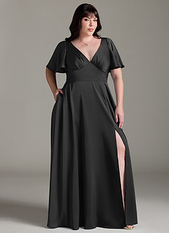 Azazie Kimber Bridesmaid Dresses Black A-Line Ruched Stretch Satin Dress image9
