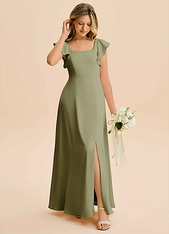 Azazie Bondi Junior Robe Trapèze en Satin extensible Fente Latérale Pistache image3