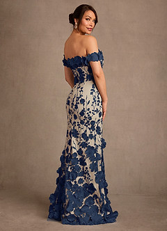 Azazie Lotta Mother of the Bride Dresses Dark Navy Champagne Mermaid Off the Shoulder Lace Dress image2