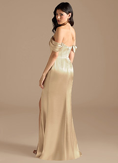 Azazie Lynden Bridesmaid Dresses Champagne Sheath Off the Shoulder Metallic Satin Convertible Dress image3