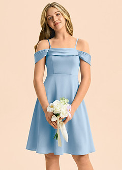 Azazie Anselie Junior Powder Blue A-Line Off the Shoulder Stretch Satin Dress image3