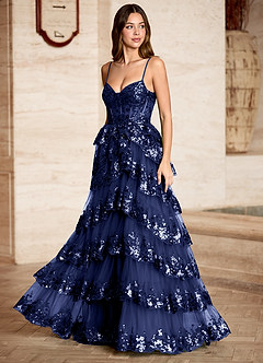 Tindra Dark Navy Sequins Ruffles Prom Dress image7