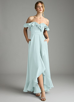 Azazie Lyra Bridesmaid Dresses Sea Glass A-Line Off the Shoulder Stretch Satin Convertible Dress image6