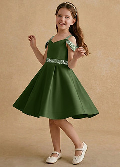 Azazie Judi Blumenmädchenkleider A-Linie Matte Satin Kleid Olivgrün image3