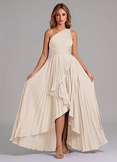 Azazie Lyrica 신부 들러리 드레스 A라인 한쪽 어깨 스트레치 새틴 비대칭 드레스 image6