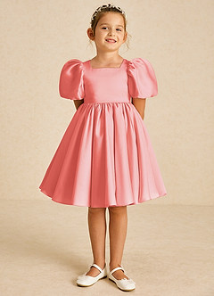 Azazie Muffin Flower Girl Dresses Coral A-Line with Sleeves Matte Satin Dress image2