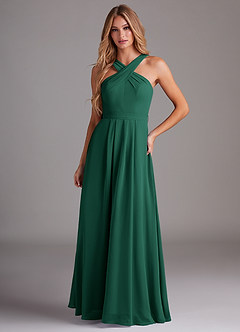 Azazie Dixie Bridesmaid Dresses Emerald A-Line Halter Pleated Chiffon Dress image1