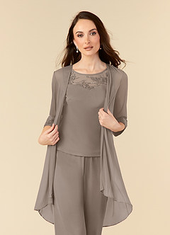 Azazie Frances Mother of the Bride Dresses Taupe Jumpsuit/Pantsuit Scoop Mesh Dress image5