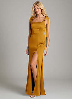 Azazie Frostine Bridesmaid Dresses Butterscotch A-Line Bow Stretch Satin Dress image1