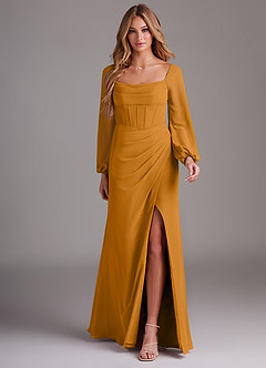Azazie Charissa Bridesmaid Dresses Butterscotch Sheath Long Sleeve Chiffon Dress image3
