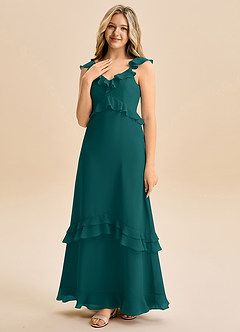 Azazie Tavie Junior Vestido de Pavo Real de Gasa de Corte en A con Volante image3