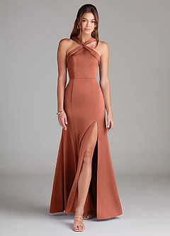 Azazie Rue Bridesmaid Dresses Clay A-Line Pleated Stretch Satin Dress image3