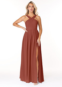 Azazie Elvira Robes de demoiselle d'honneur Robe Trapèze en Mousseline de soie Plissée Auburn image1