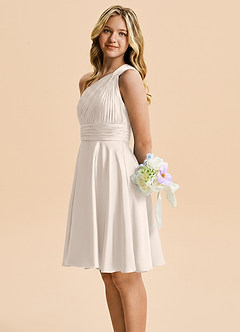 Azazie Charlize Junior White Alabaster A-Line Pleated Stretch Satin Dress image3