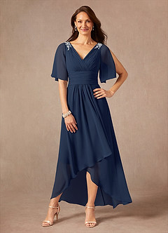 Azazie Pascual Mère de la mariée Robes Robe Trapèze en Mousseline de soie Plissée Bleu Marine Foncé image1