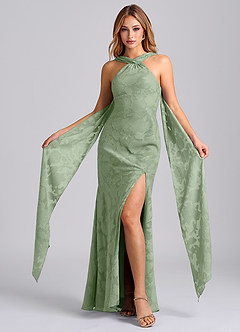 Azazie Kinsley Vestidos de damas de honor Vestido de Salvia Polvorienta de Devorado Floral de Corte Sirena con Plisado image5