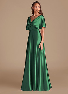 Azazie Pamela Vestidos de damas de honor Vestido de Verde Oscuro de Satén Metálico de Corte en A con Plisado image4