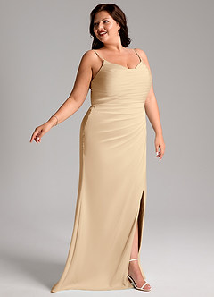 Azazie Deandra Bridesmaid Dresses Champagne Mermaid Pleated Stretch Satin Dress image11