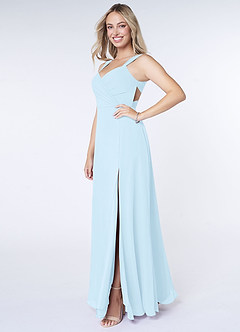Azazie Nahrin Vestidos de damas de honor Vestido de Azul Cielo de Gasa de Corte en A con Cuello en V Plisado image3
