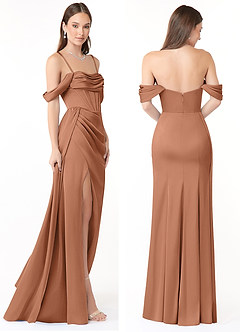 Azazie Amyra Bridesmaid Dresses Bronzer Sheath Off the Shoulder Stretch Satin Convertible Dress image8