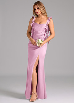 Azazie Jessamine Bridesmaid Dresses Candy Pink Sheath Corset Stretch Satin Dress image1