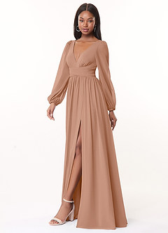 Azazie Norah Brautjungfernkleider A-Linie Lange Ärmel mit V-Ausschnitt Chiffon Kleid Champagner Rosa image4