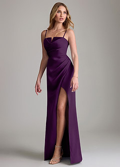 Azazie Danelle Vestidos de damas de honor Vestido de Uva de Satén Elástico de Corte Recto con Plisado image4