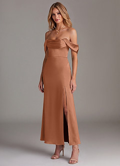 Azazie Saige Bridesmaid Dresses Bronzer Mermaid Off the Shoulder Stretch Satin Dress image4