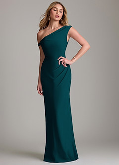 Azazie Emerson Bridesmaid Dresses Pine Sheath Off the Shoulder Chiffon Dress image1