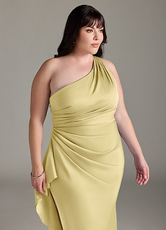 Azazie Latrice Bridesmaid Dresses Lemon Sorbet Sheath One Shoulder Cascading Ruffles Stretch Satin Dress image11