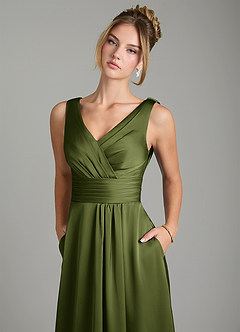 Azazie Karina Bridesmaid Dresses Olive A-Line Pleated Stretch Satin Dress image7