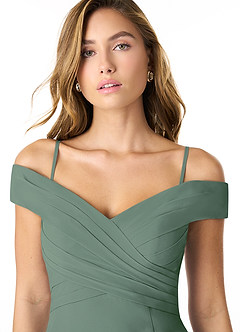 Azazie Lecia Bridesmaid Dresses Eucalyptus Empire Off-The-Shoulder Pleated Chiffon Convertible Dress image2
