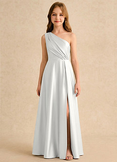 Azazie Puddles Girls Formal 플라워 걸 드레스 A라인 한쪽 어깨 스트레치 새틴 플로어 길이 드레스 image6