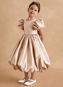 Azazie Jellybean Sukienki dla dziewczynek sypiących kwiaty Suknia balowa Marszczony Matowy satynowy Długość herbaty Sukienka image4