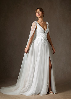 Azazie Goddess Wedding Dresses Diamond White A-Line V-Neck Sequins Tulle Dress image5